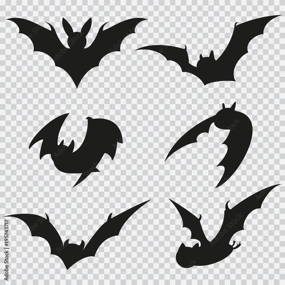 Bat black silhouette of different shapes in flight. Vector flat icons ...
