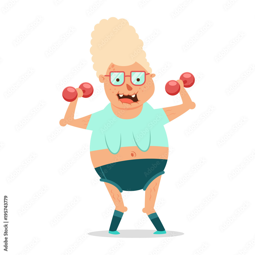 Elderly woman doing fitness exercises with dumbbells. Funny cartoon  grandmother vector character isolated on a white background. Healthy  lifestyle and sport illustration of senior people. Stock Vector | Adobe  Stock