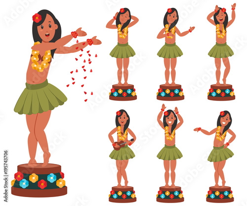 Dancing Hawaiian doll for car. Vector cartoon character set of hula bobble girl with flower lei isolated on white background. Flat icons collection.