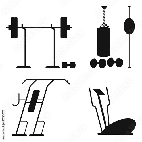 Fitness equipment: dumbbells and barbell, treadmill, horizontal bar, boxing punching bag. Vector black silhouette set of training apparatus for gym sport isolated on a white background.