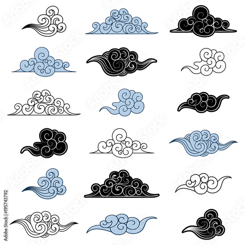 Chinese vector clouds set of flat line icon isolated on white background.