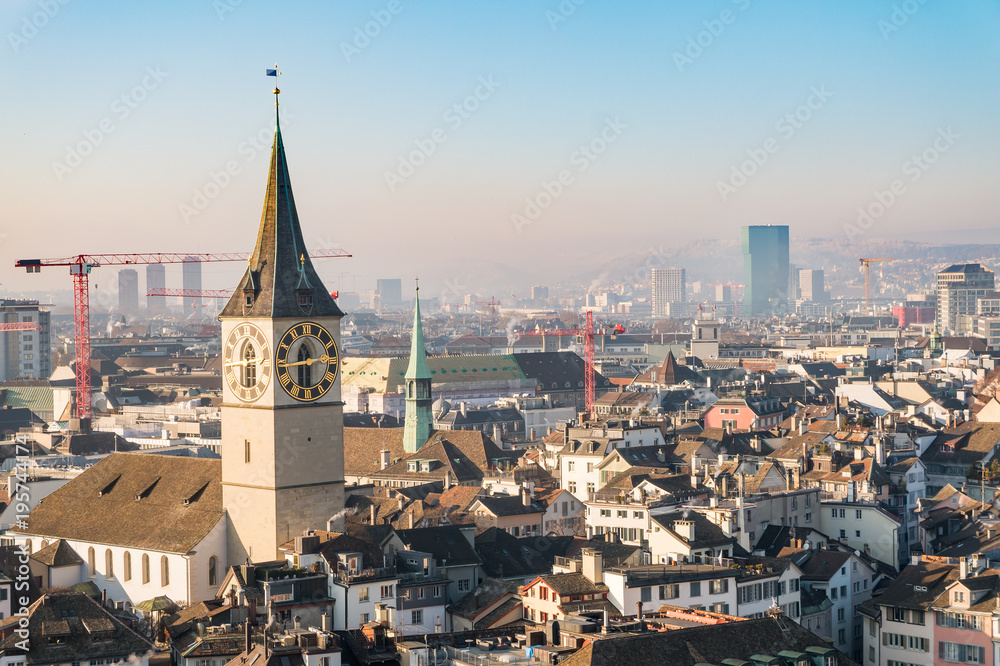 Aerial view of Zurich downtown with clock tower, Switzerland