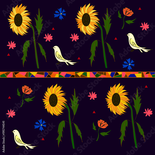 Background picture of sunflowers of birds and flowers