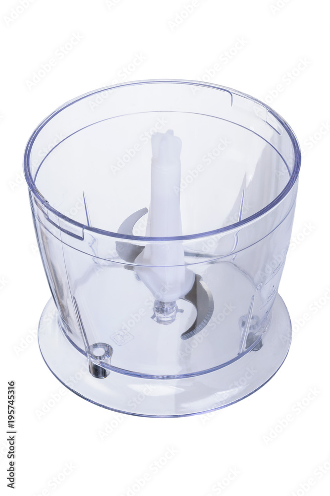White accessory chopper with stainless stell knife for hand blender on the white background White accessory chopper with stainless stell knife for hand blender on the white background