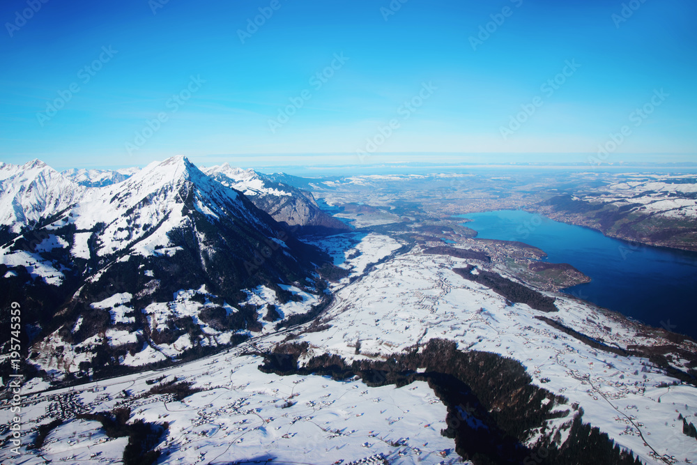 Obraz premium Bernese Apline city in Interlaken winter Swiss Alps Thunersee