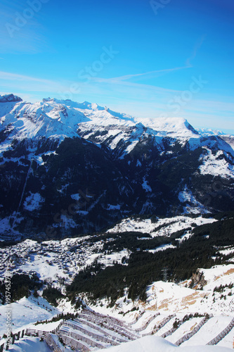 Aerial view to Wengen village and Lauterbrunnen town Bernese Oberland