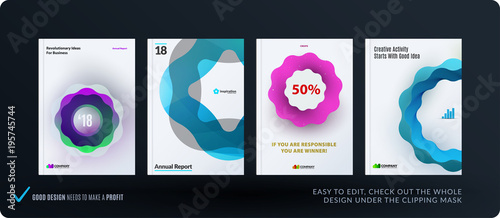 Set of design brochure, abstract annual report, horizontal cover layout, flyer in A4 with vector colourful wave