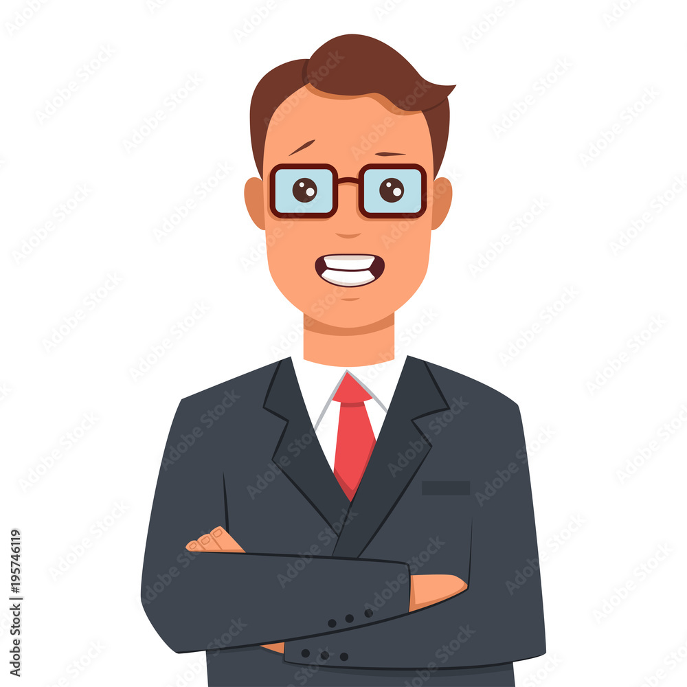 Businessman with arms crossed in a business suit. Vector cartoon flat character isolated on white background.
