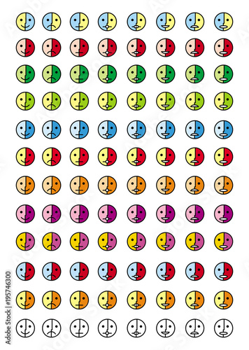 Collection of 8 icons of emoticons in 12 color scales. 96 smileys for every taste and color