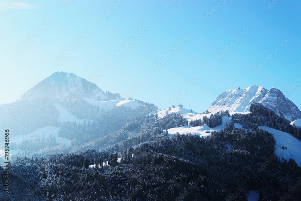 Beautiful Alpine landscape of Gruyeres region at winter Switzerland