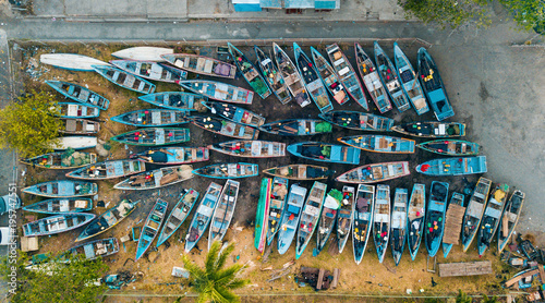 Fotografie top view of A lot of fisher boat  on El Salvador beach