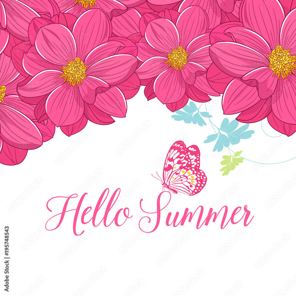 Beautiful spring, summer floral background with flowers of dahlia and butterfly.