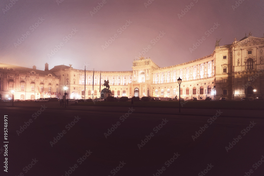 Hofburg Palace in Vienna Austria mist and night