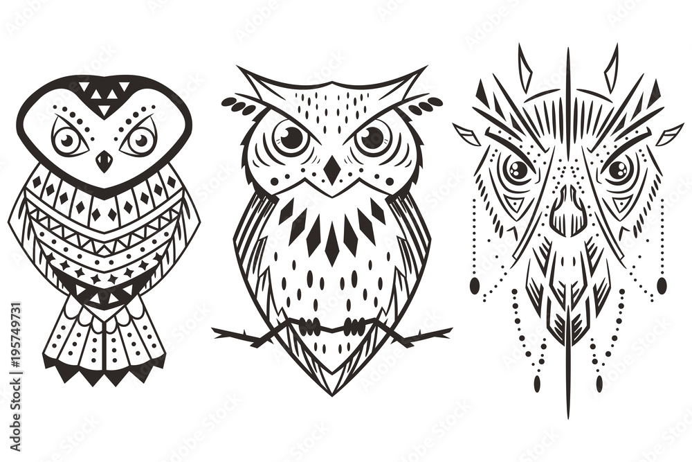 Obraz premium Owl tattoo vector set isolated on white background.