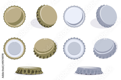 Bottle cap view from top, side and bottom. Vector set of beer or soda lid icons isolated on white background.