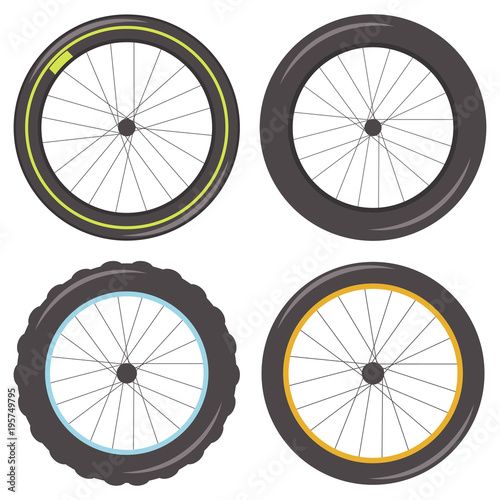 Bicycle wheel with spokes of different types: sporty, fat, studded and classic tire. Vector set of icons isolated on white background.