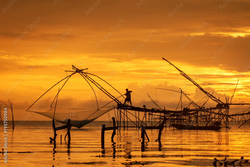 Fisherman using huge fishing equipment called 'Yor' in Phatthalung, southern Thailand