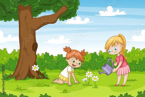 Two girls in the garden. Funny cartoon character.