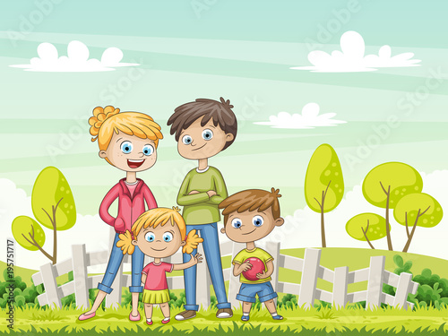 Jung family in the garden. Funny cartoon character.
