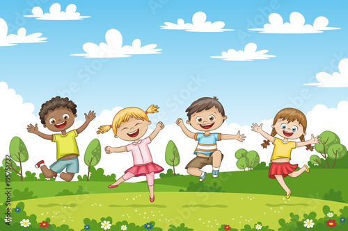 Happy jumping children. Funny cartoon character.