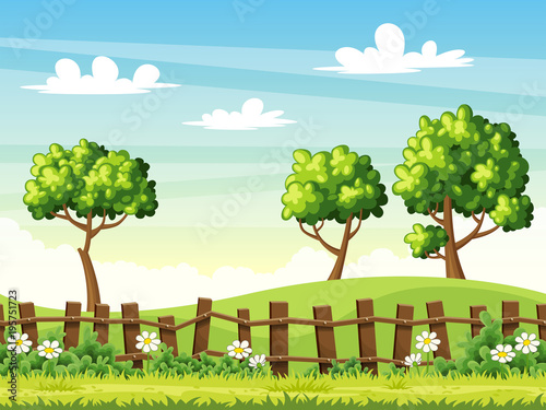 Spring landscape with fence and flowers