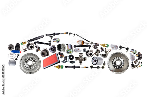 Passenger car assembled from new spare auto parts for shop aftermarket. Isolated on white background.