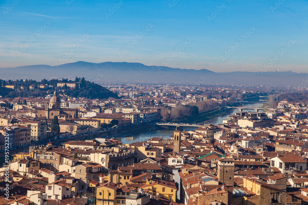 Arno river top view over the rooftops of Florence, Toscana, Italy