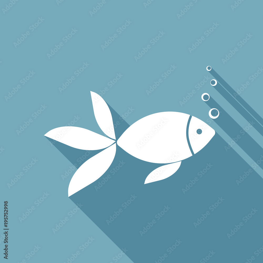 Fototapeta premium Fish with bubbles icon. White flat icon with long shadow on background