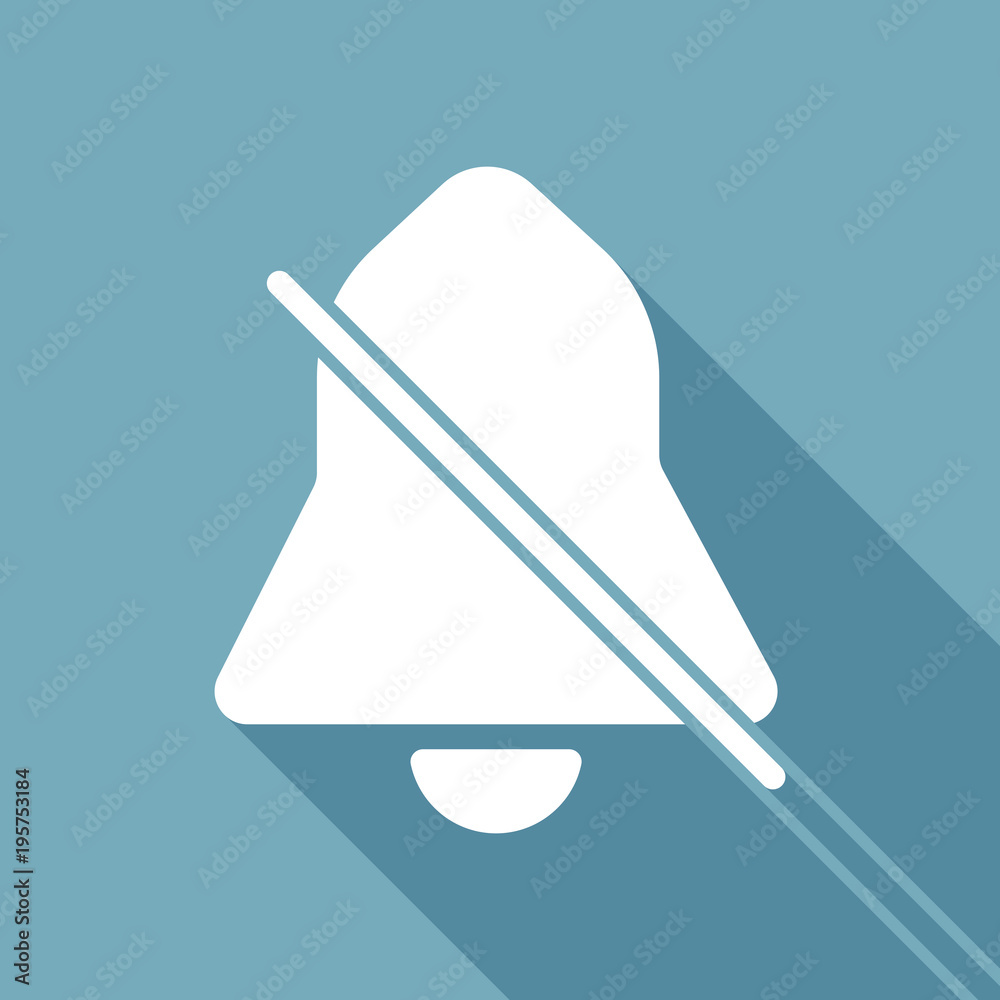 silent bell. simple icon. White flat icon with long shadow on background silent bell. simple icon. White flat icon with long shadow on background