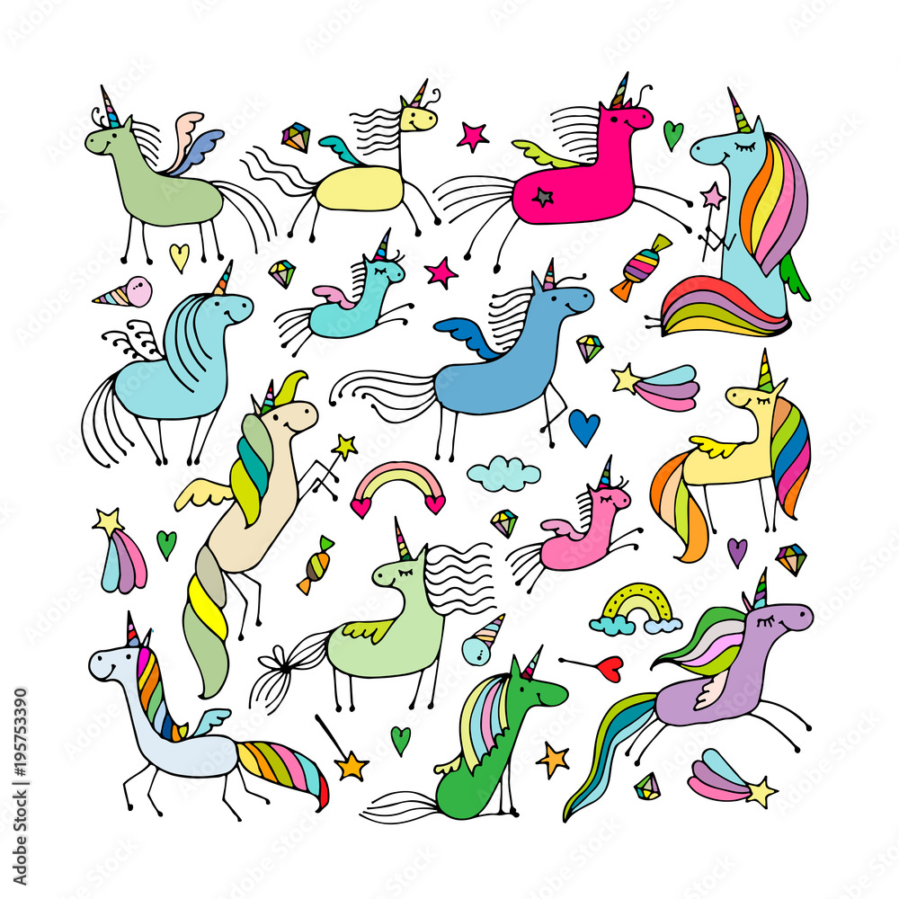 Fototapeta premium Magic unicorns collection, sketch for your design
