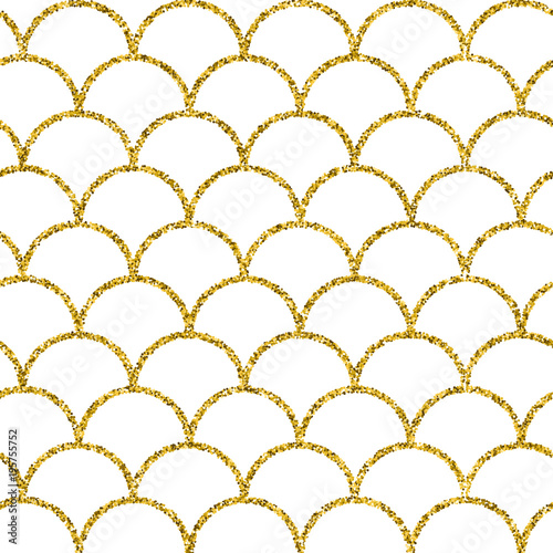 Glitter mermaid tail seamless pattern. Fish scale texture. Tillable background for girl fabric, textile design, wrapping paper, swimwear or wallpaper. White glitter mermaid background with fish skin.
