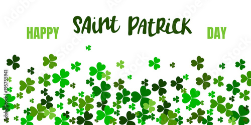 Vector illustration of Happy Saint Patrick s Day logotype. Hand drawn typography badge with shamrock.