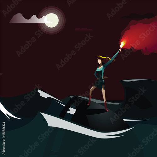 Woman with Signal Flare Standing on a Sinking Ship