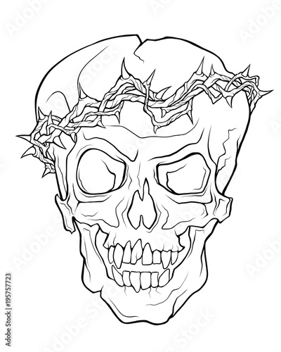 The skull of a grinning vampire in thorns wreath . Vector linear illustration of a tattoo style isolated on a white background.