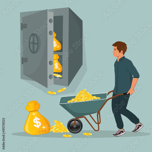 man with wheelbarrow full of coins and safe, vector illustration 