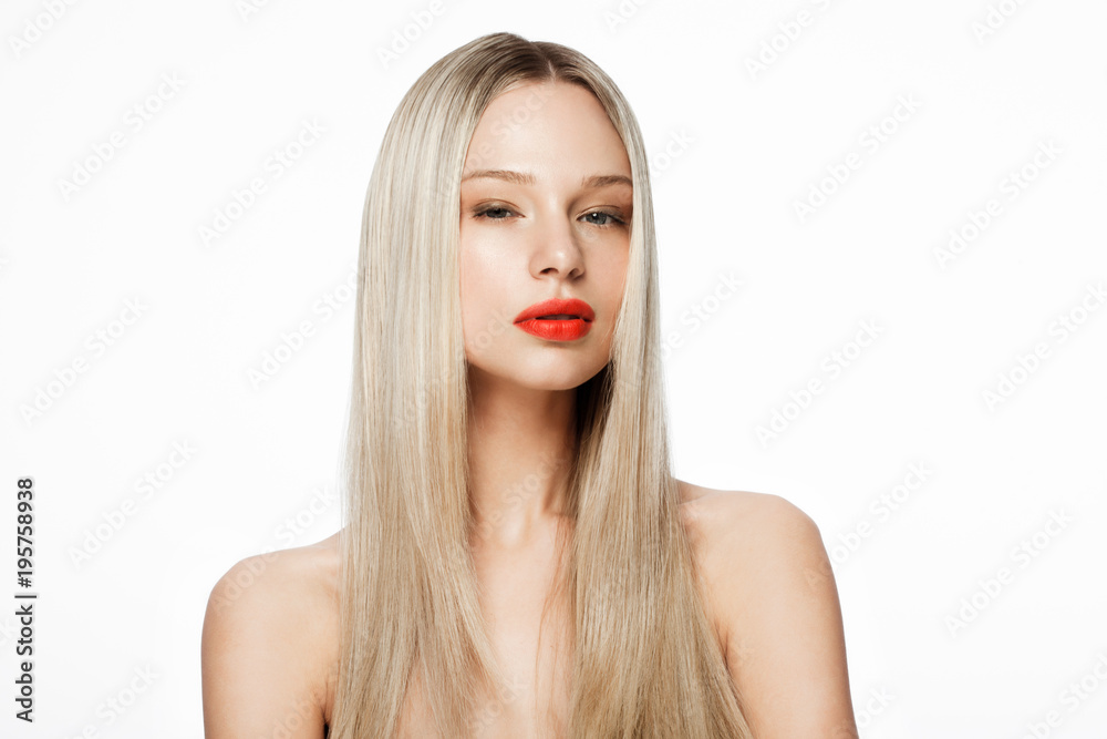 Beauty portrait model with shiny blonde hairstyle