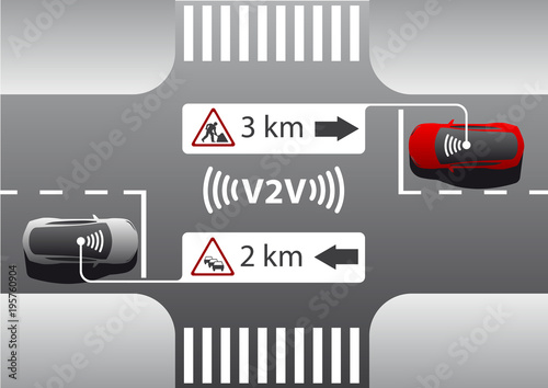 V2V - Vehicle to vehicle communication. Data exchange between self driving cars. Vector illustration