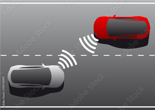 V2V - Vehicle to vehicle communication. Data exchange between self driving cars. Vector illustration