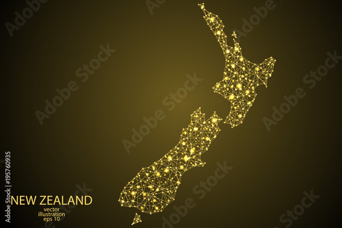 New Zealand map consisting of 3D triangles, lines, points and connections. Vector illustration of EPS 10.