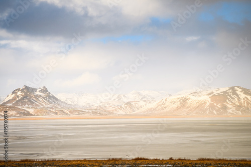 snowed mountain range view in winter, iceland