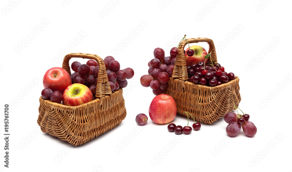 cherries, grapes and apples in a basket on a white background cherries, grapes and apples in a basket on a white background