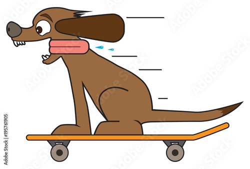 A happy cartoon dog is riding a skateboard