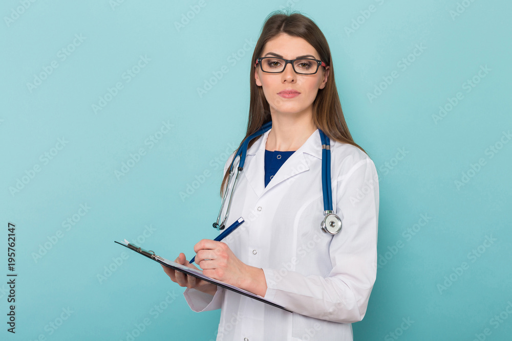 Female doctor in glasses with clipboard Female doctor in glasses with clipboard