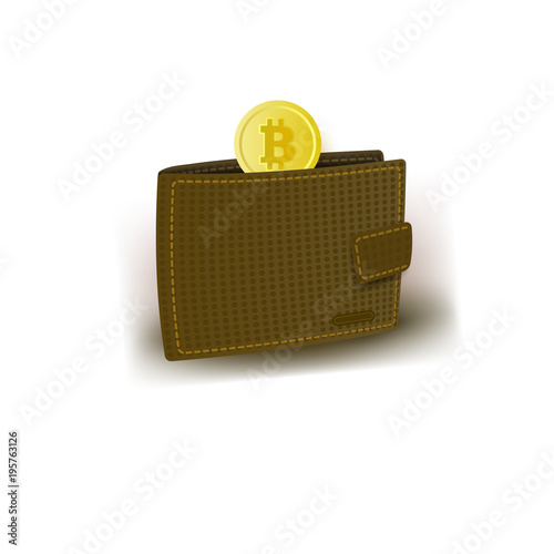 Typical leather wallet and golden bitcoin, BTC, coin, cryptocurrency concept, flat vector illustration isolated on white background. Vector icon of bitcoin, golden BTC coin in leather wallet