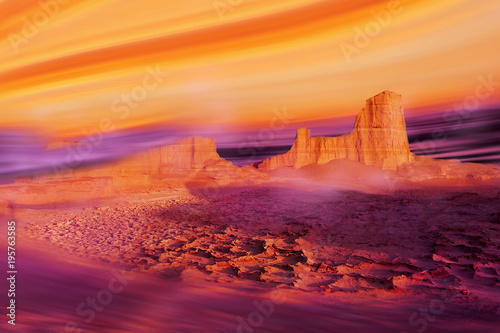 Alien planet concept. Ultra violet and yellow desert landscape.