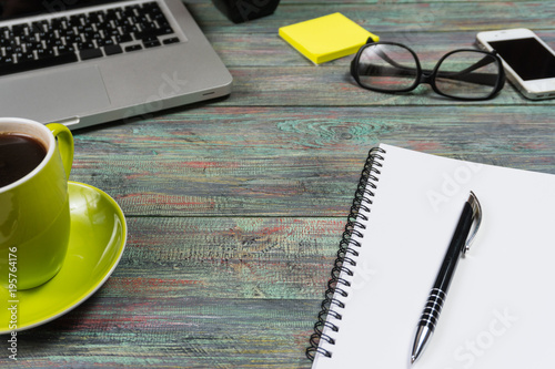 Office desk table with supplies. Top view. Copy space for text
