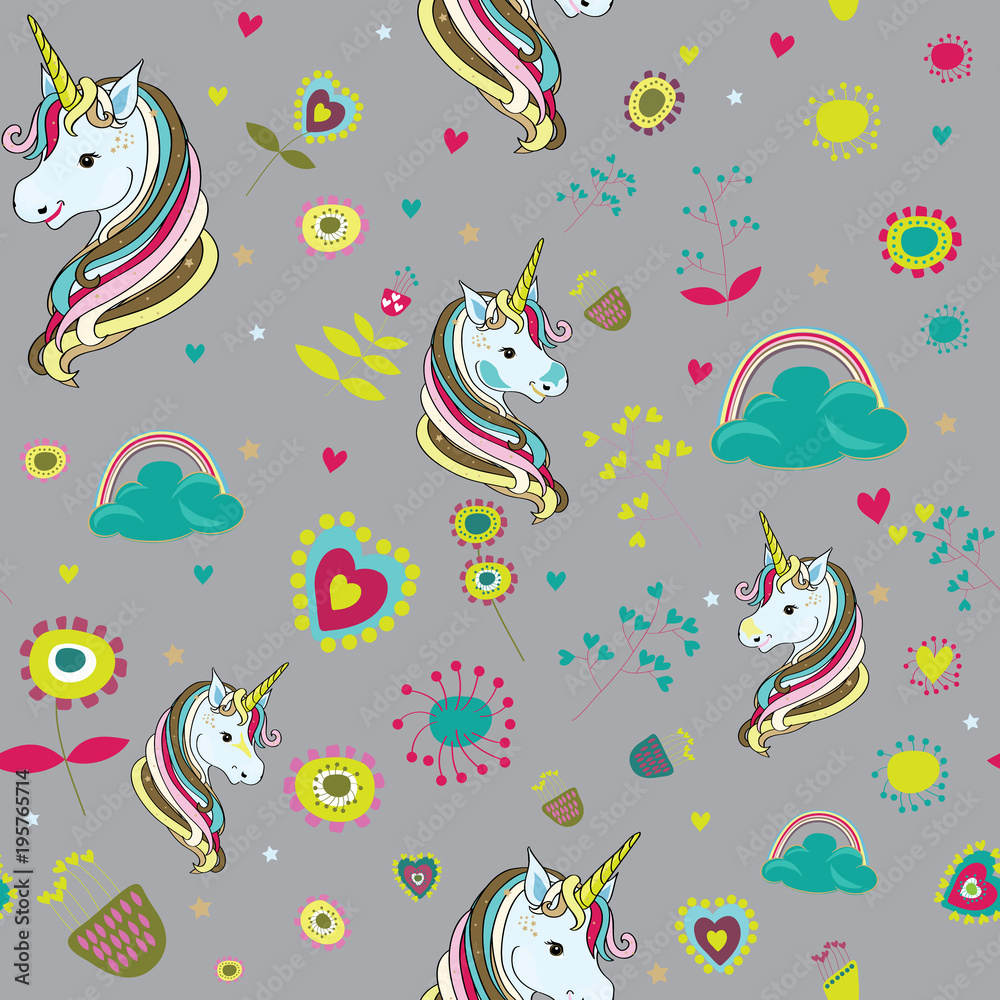 Unicorns with clouds and colored drops with cute flowers around seamless pattern. Vector illustration on grey background