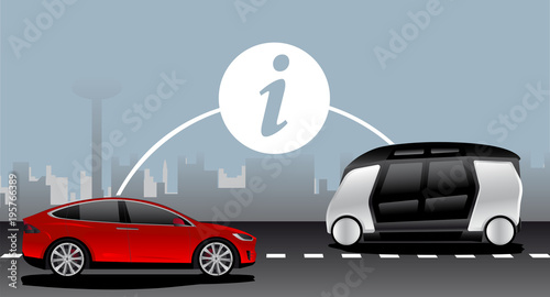 V2V - Vehicle to vehicle communication. Data exchange between self driving cars. Vector illustration