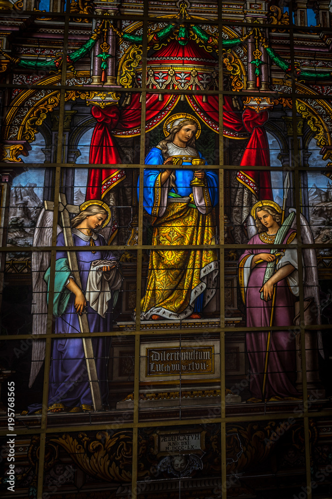 Painted glass in the interiors of Saint Nicholas Church, Ghent, Belgium