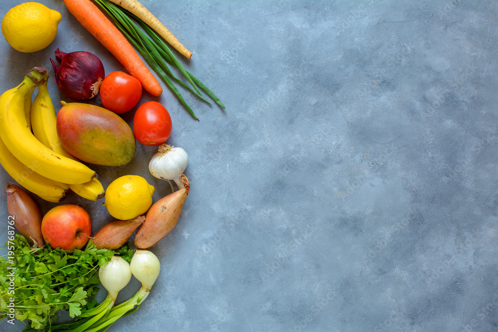 Fresh vegetables and fruits background. Top view, Copy space. Fresh vegetables and fruits background. Top view, Copy space.
